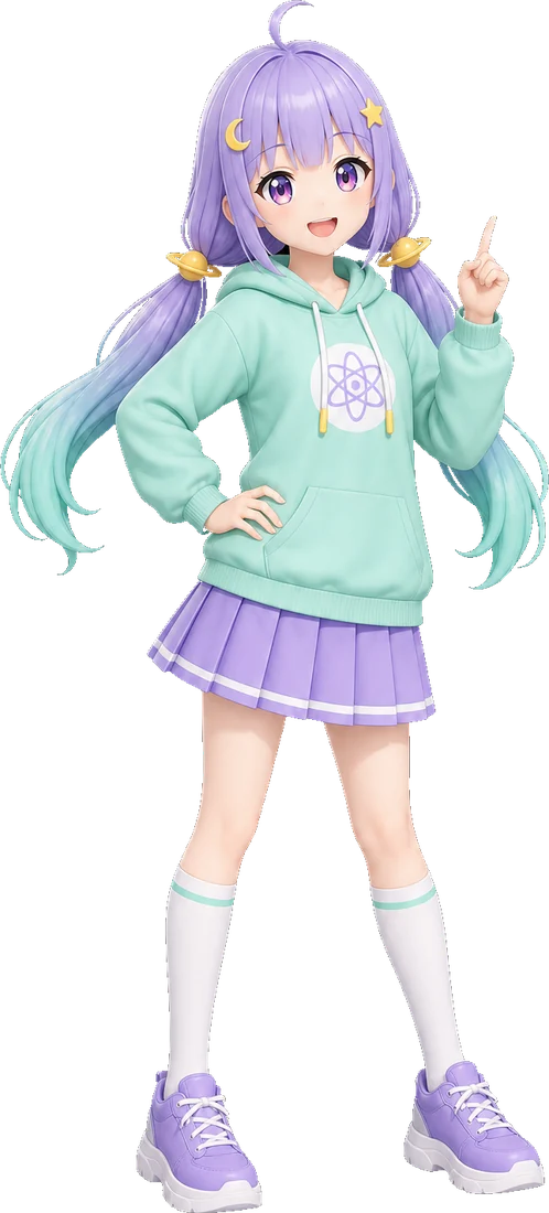 Myuko, a girl with long lavender hair in a mint atom hoodie, pointing up with a smile